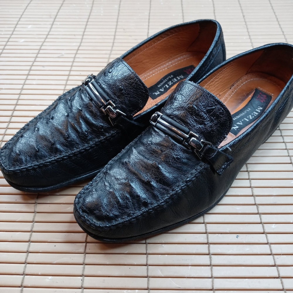 Mezlan Platinum men's black Ostrich horse-bit loafer hand made in Italy sz 7.5M.
